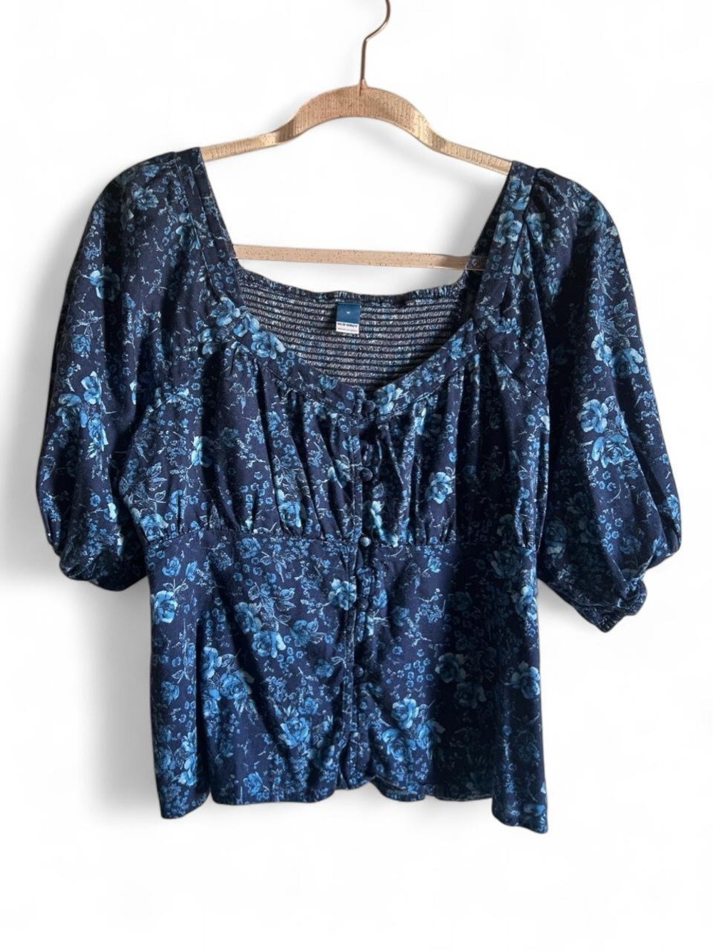 Old Navy Navy Blue Floral Puff-Sleeve Blouse size medium